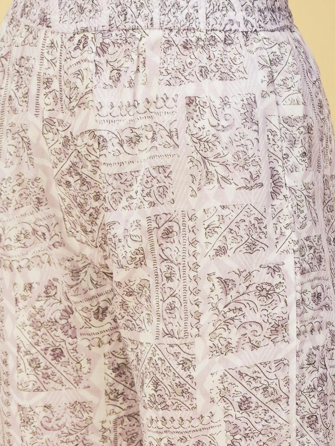 Ethnic Printed & Embroidered A-Line Kurta with Sharara & Dupatta - Lavender