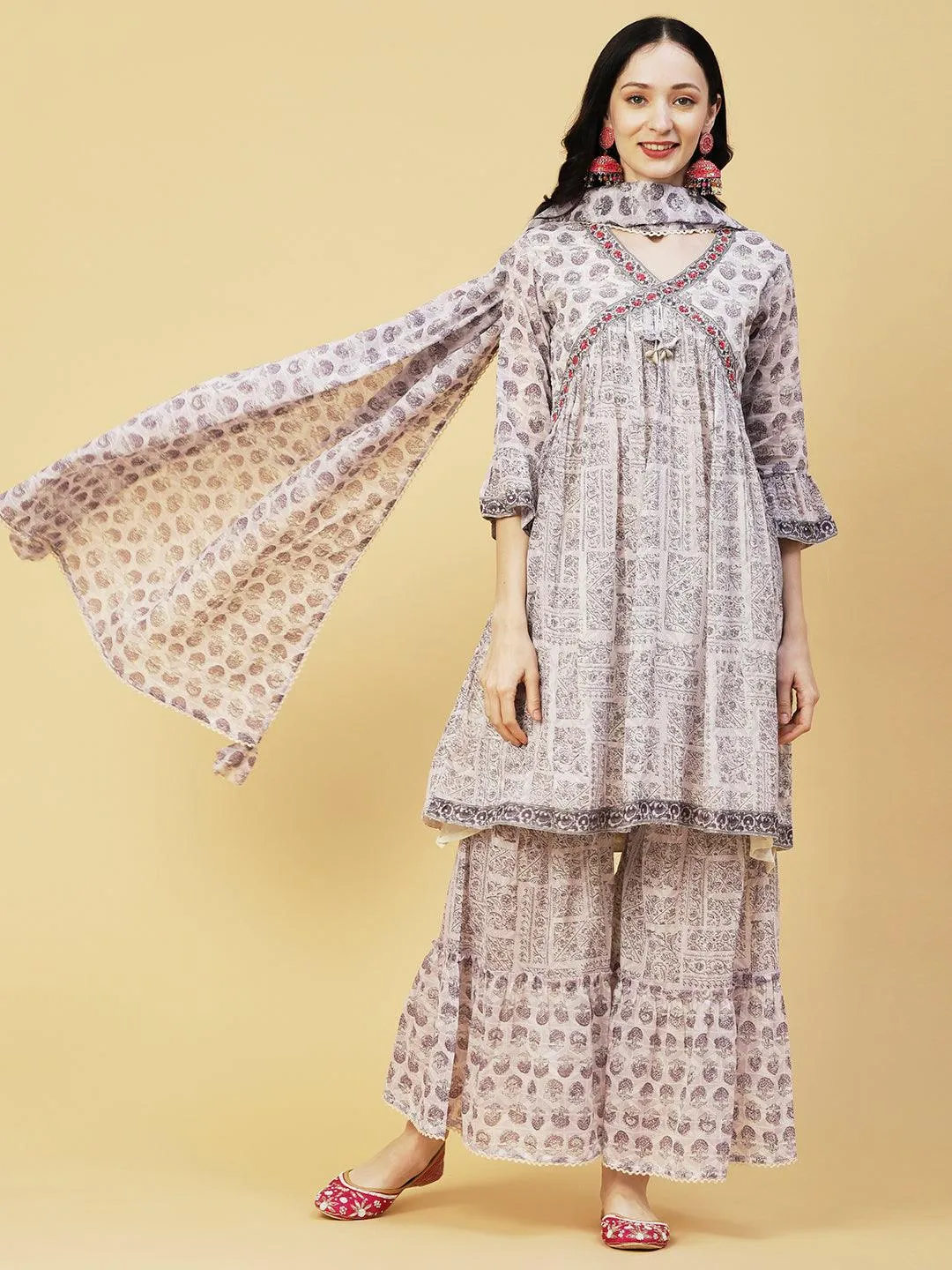 Ethnic Printed & Embroidered A-Line Kurta with Sharara & Dupatta - Lavender