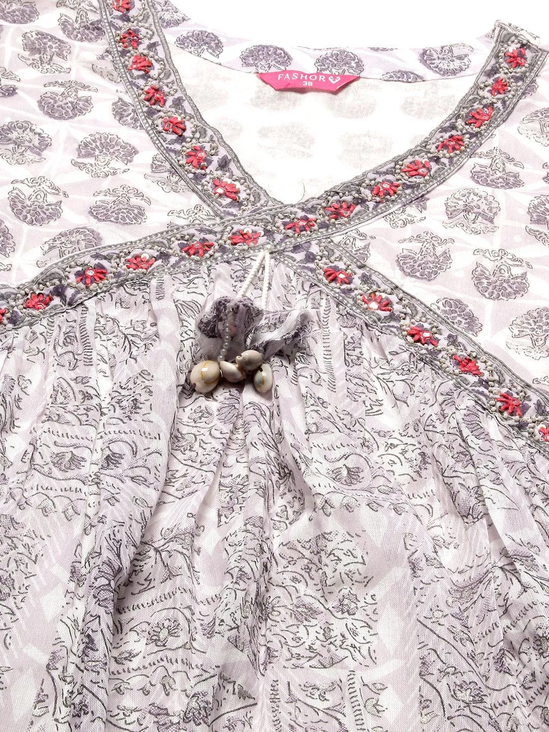 Ethnic Printed & Embroidered A-Line Kurta with Sharara & Dupatta - Lavender