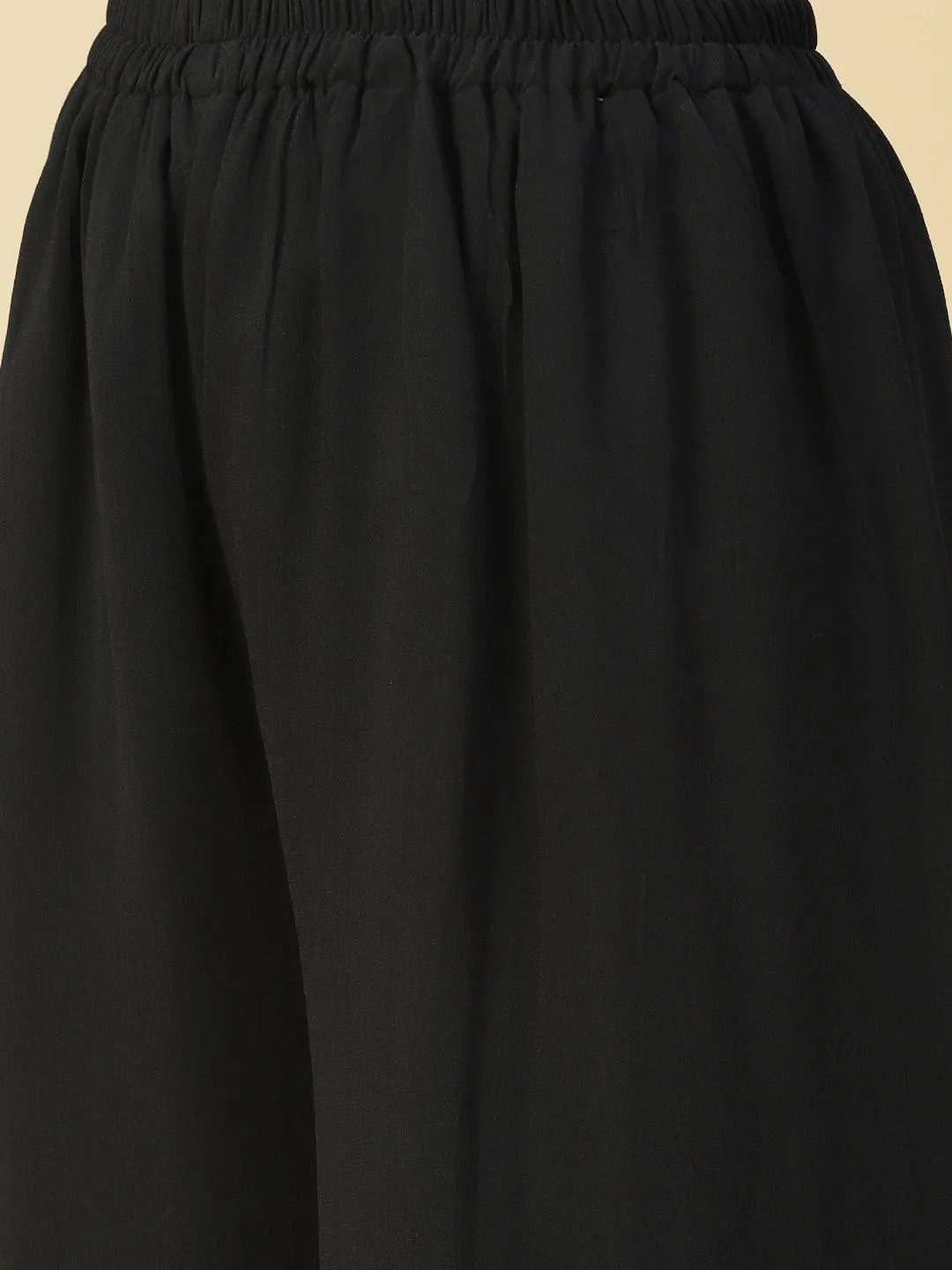 Ethnic Printed & Hand Embroidered A-Line Kurta with Palazzo & Dupatta - Black