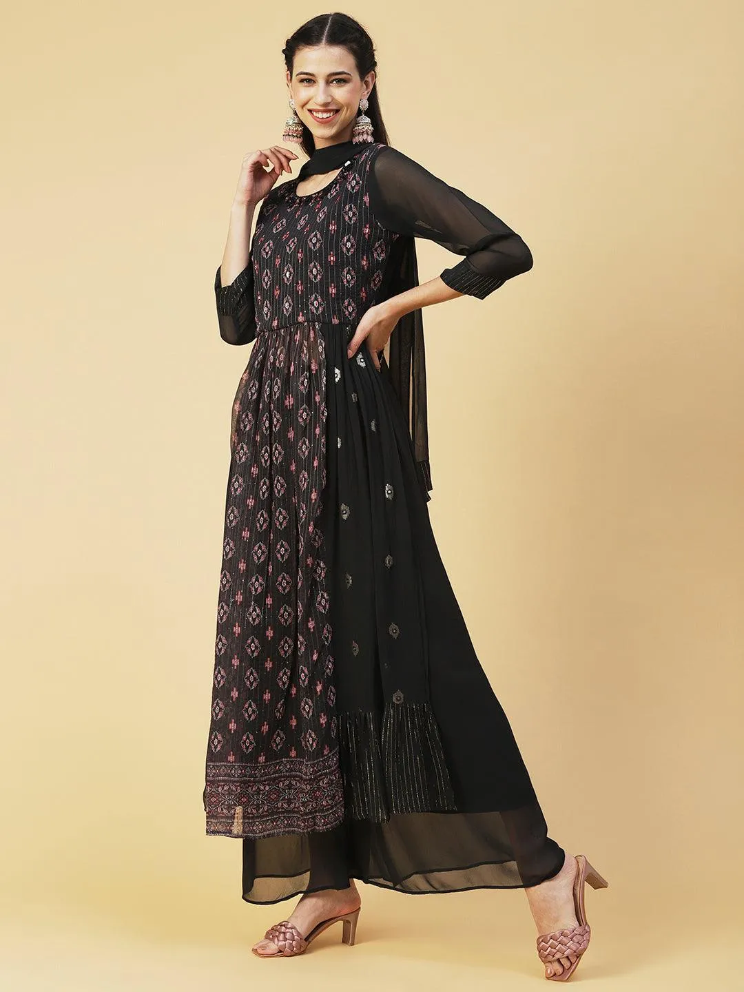 Ethnic Printed & Hand Embroidered A-Line Kurta with Palazzo & Dupatta - Black