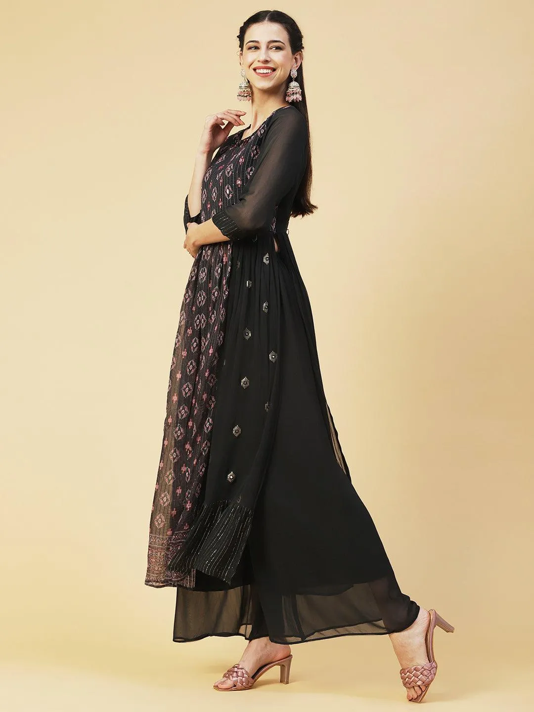 Ethnic Printed & Hand Embroidered A-Line Kurta with Palazzo & Dupatta - Black