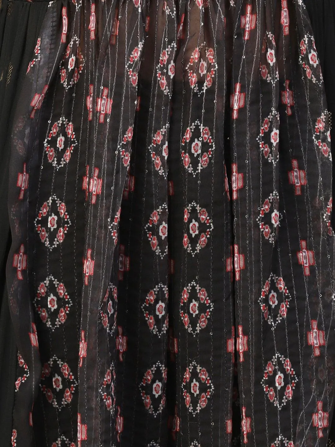 Ethnic Printed & Hand Embroidered A-Line Kurta with Palazzo & Dupatta - Black