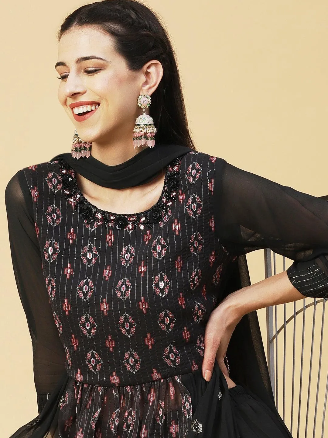 Ethnic Printed & Hand Embroidered A-Line Kurta with Palazzo & Dupatta - Black