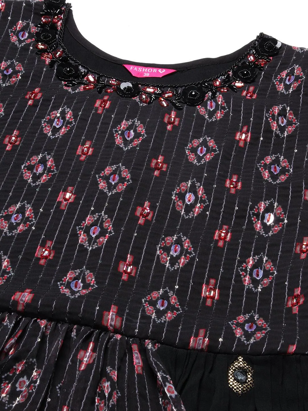 Ethnic Printed & Hand Embroidered A-Line Kurta with Palazzo & Dupatta - Black