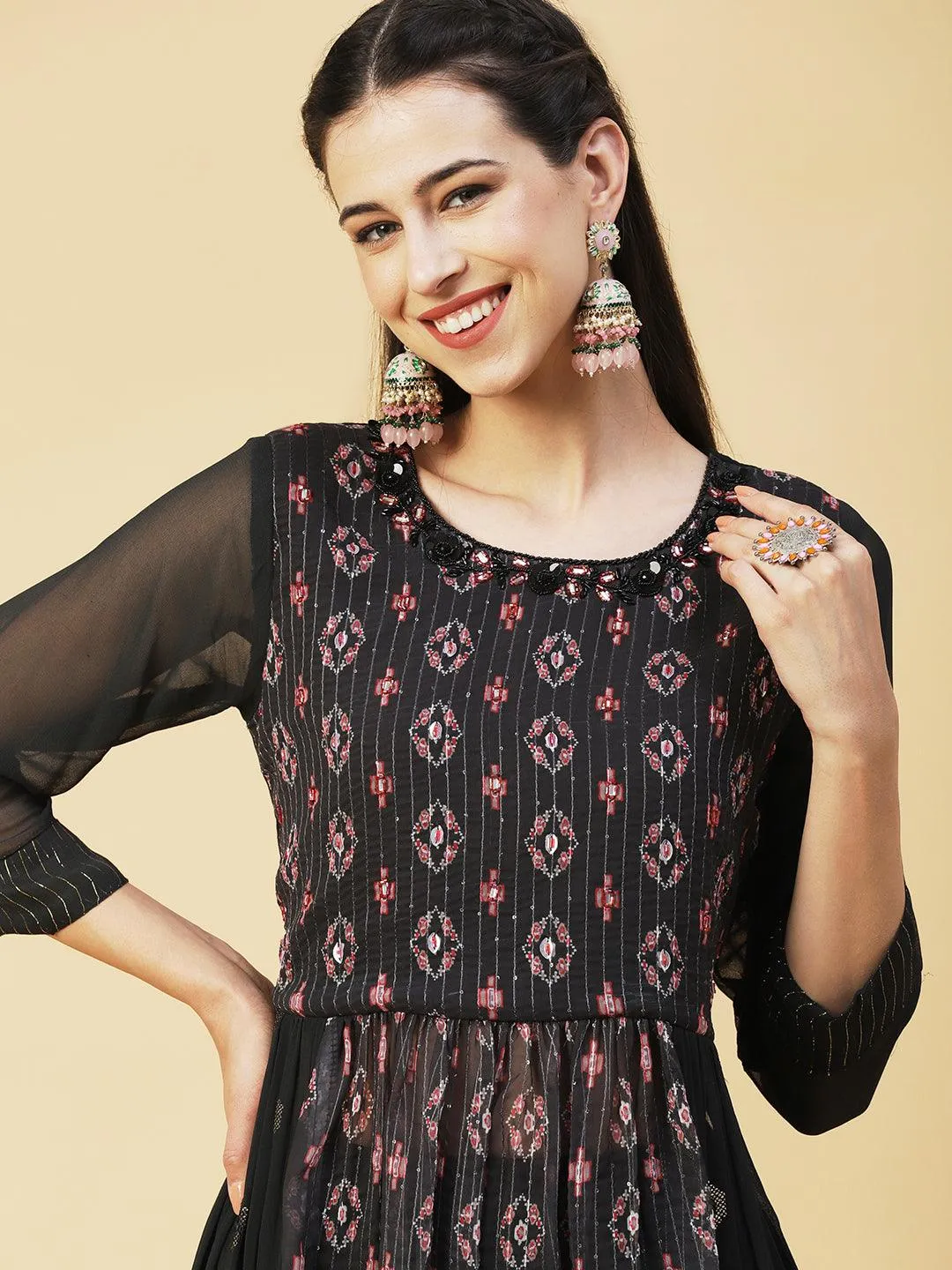 Ethnic Printed & Hand Embroidered A-Line Kurta with Palazzo & Dupatta - Black