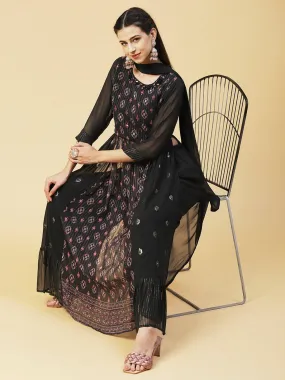 Ethnic Printed & Hand Embroidered A-Line Kurta with Palazzo & Dupatta - Black