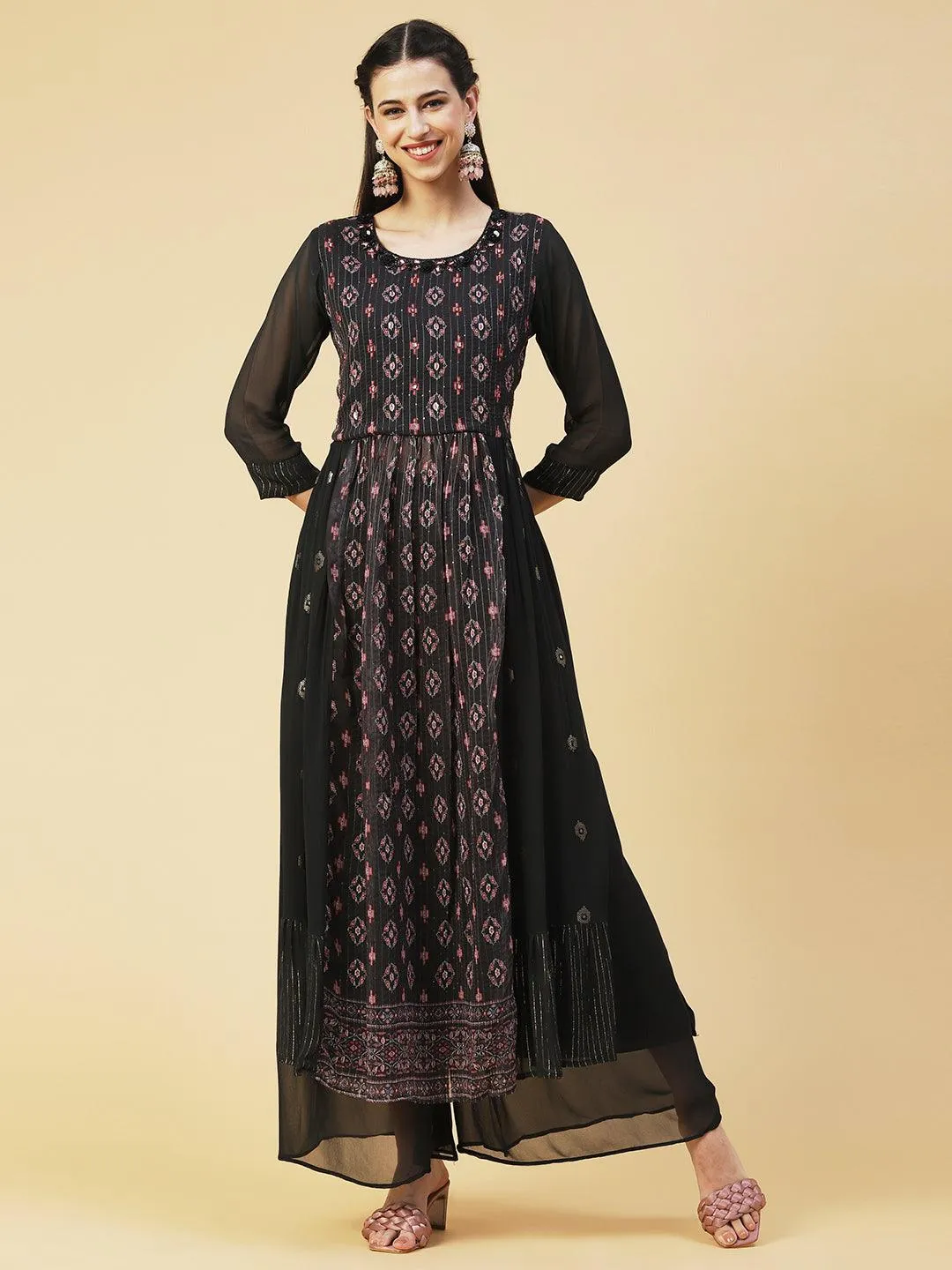 Ethnic Printed & Hand Embroidered A-Line Kurta with Palazzo & Dupatta - Black