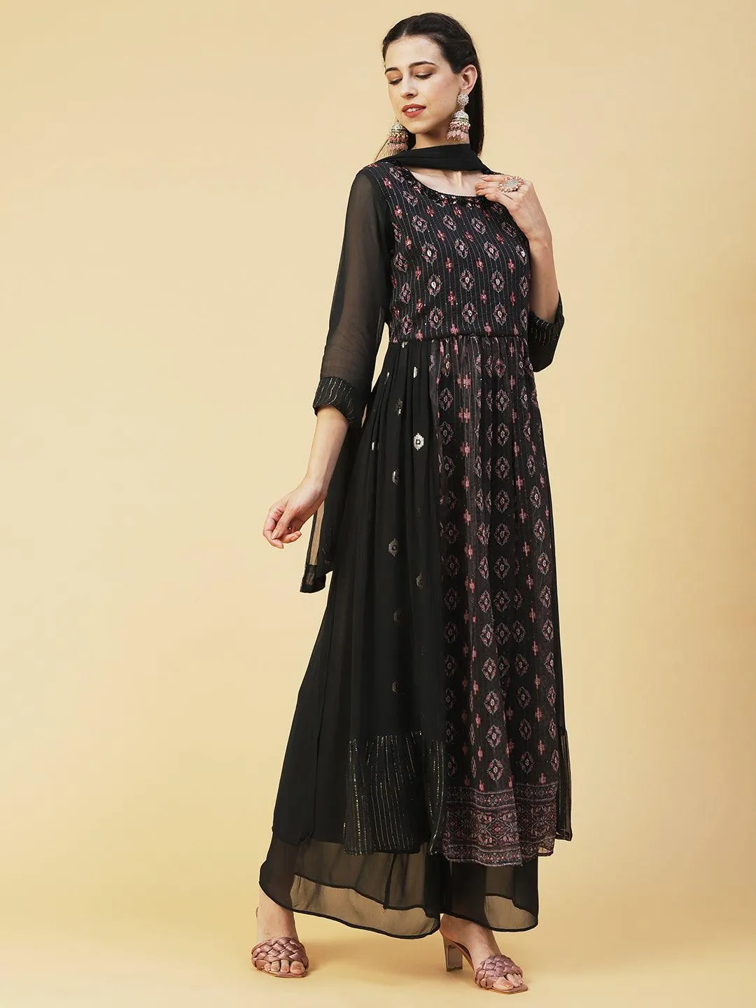 Ethnic Printed & Hand Embroidered A-Line Kurta with Palazzo & Dupatta - Black