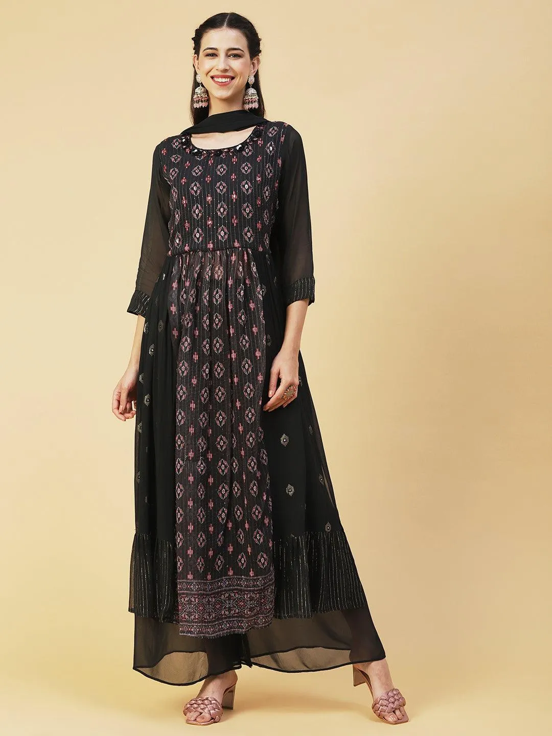 Ethnic Printed & Hand Embroidered A-Line Kurta with Palazzo & Dupatta - Black