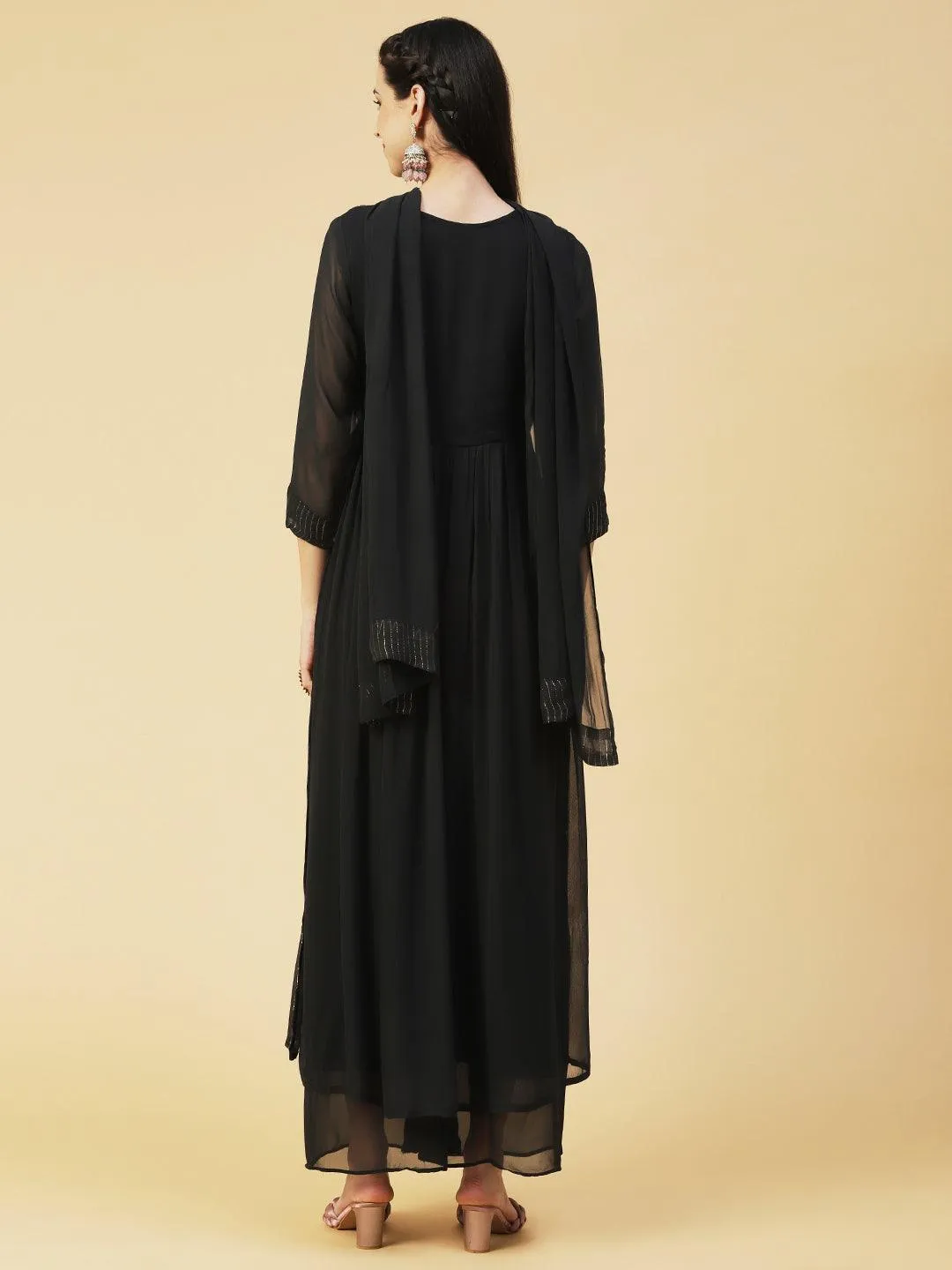 Ethnic Printed & Hand Embroidered A-Line Kurta with Palazzo & Dupatta - Black