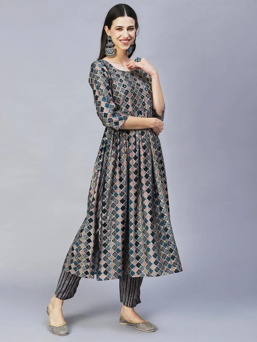Ethnic Printed & Hand Embroidered A-Line Kurta with Pants & Dupatta - Multi