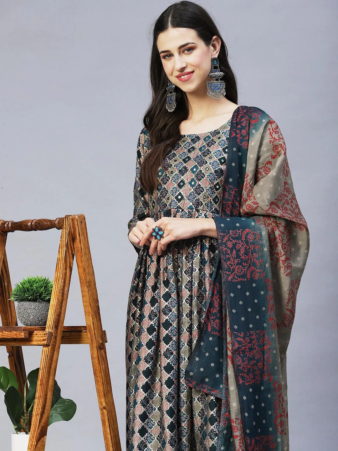 Ethnic Printed & Hand Embroidered A-Line Kurta with Pants & Dupatta - Multi