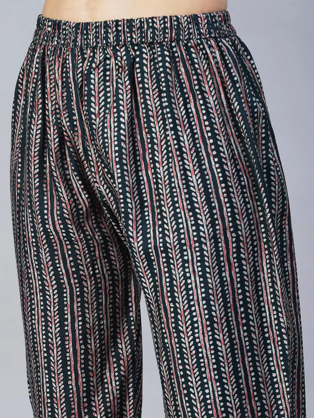 Ethnic Printed & Hand Embroidered A-Line Kurta with Pants & Dupatta - Multi