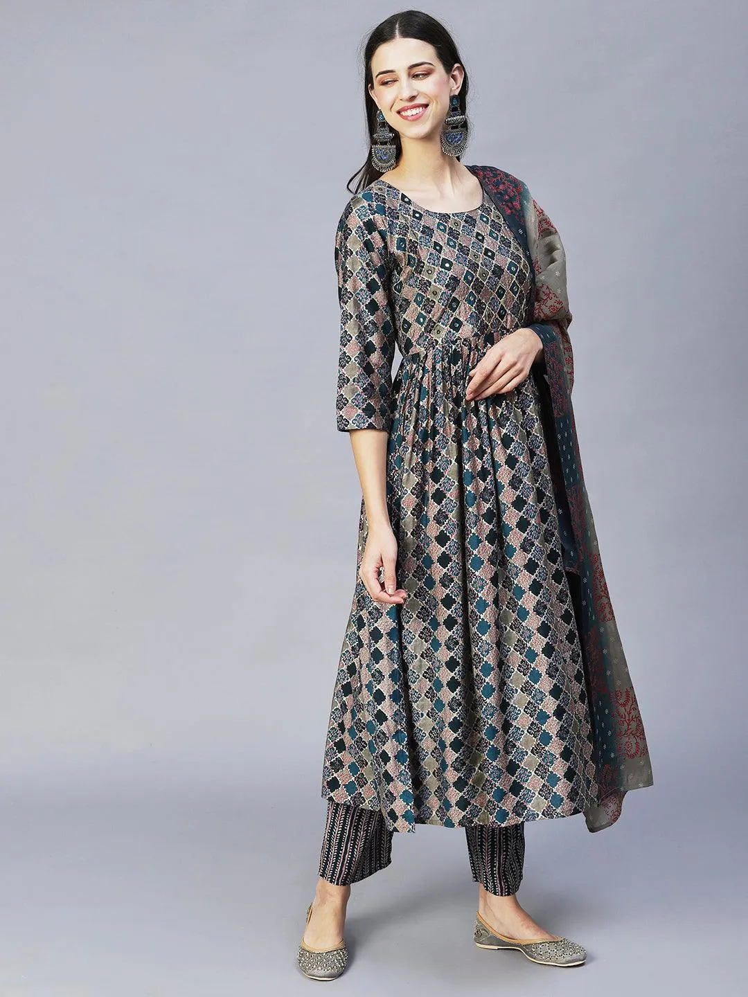 Ethnic Printed & Hand Embroidered A-Line Kurta with Pants & Dupatta - Multi