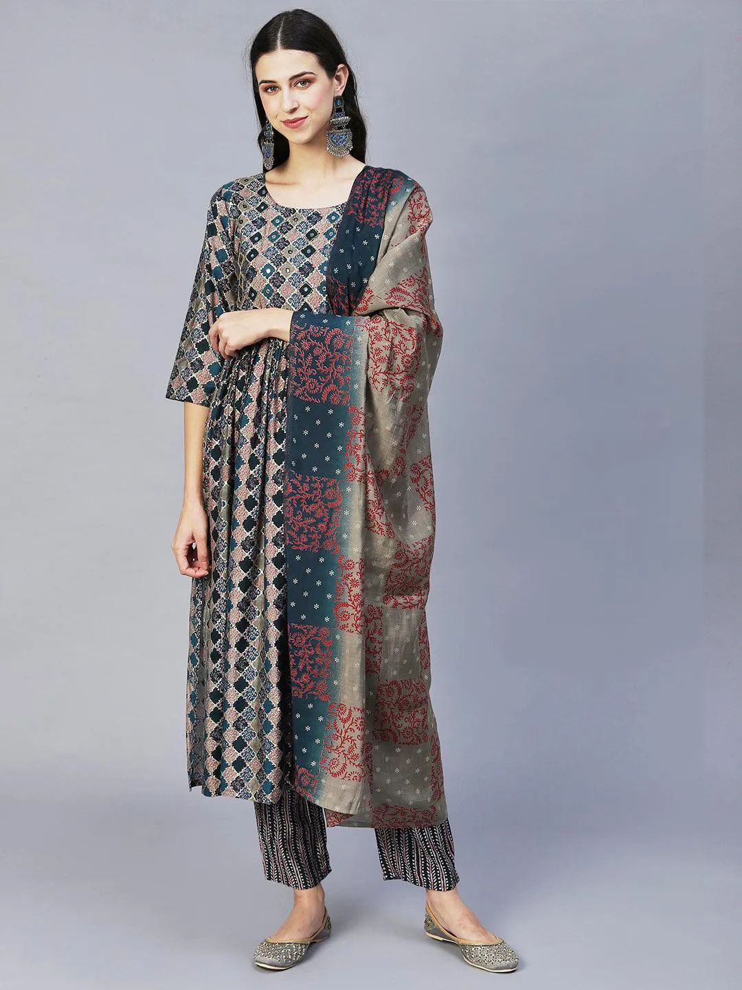 Ethnic Printed & Hand Embroidered A-Line Kurta with Pants & Dupatta - Multi