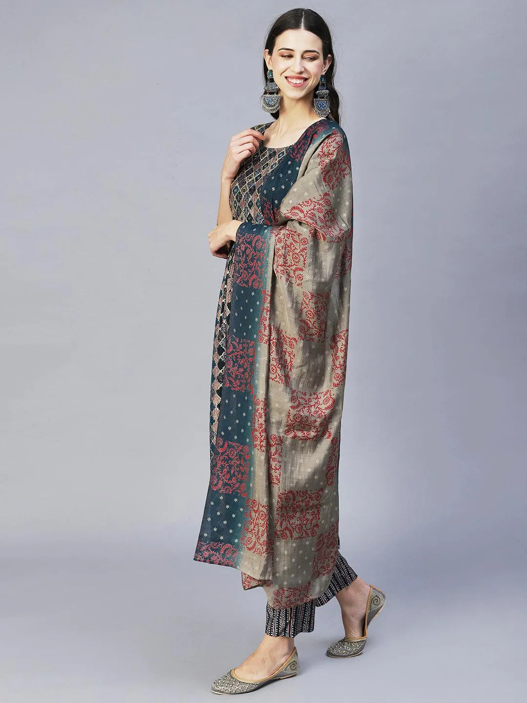 Ethnic Printed & Hand Embroidered A-Line Kurta with Pants & Dupatta - Multi