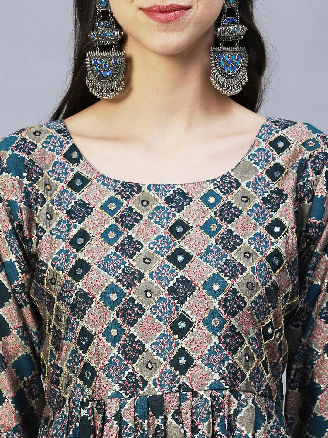Ethnic Printed & Hand Embroidered A-Line Kurta with Pants & Dupatta - Multi