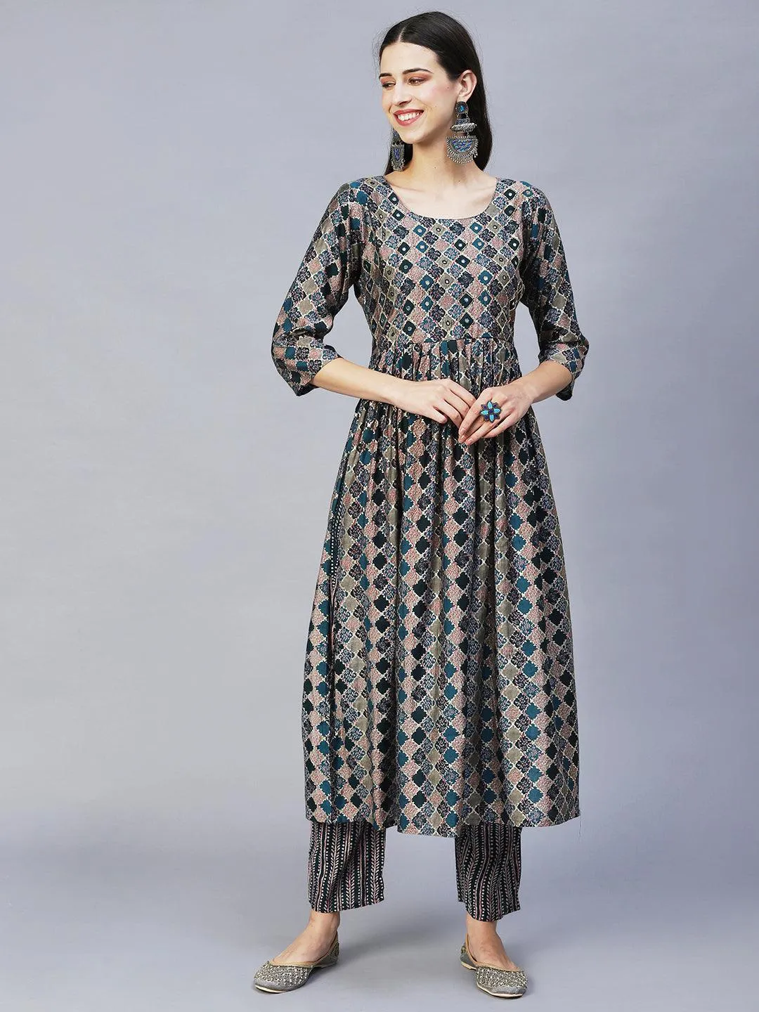 Ethnic Printed & Hand Embroidered A-Line Kurta with Pants & Dupatta - Multi