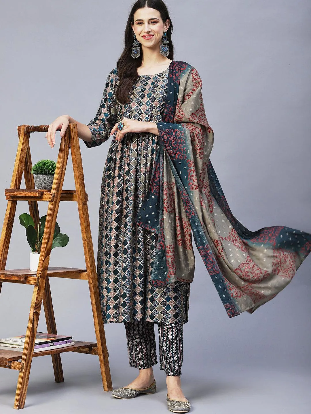 Ethnic Printed & Hand Embroidered A-Line Kurta with Pants & Dupatta - Multi