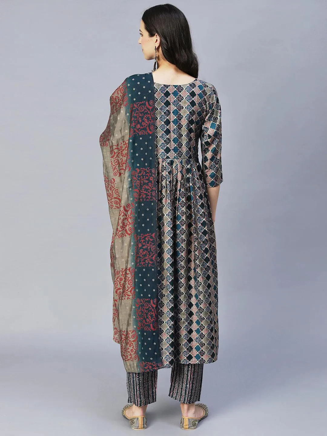 Ethnic Printed & Hand Embroidered A-Line Kurta with Pants & Dupatta - Multi