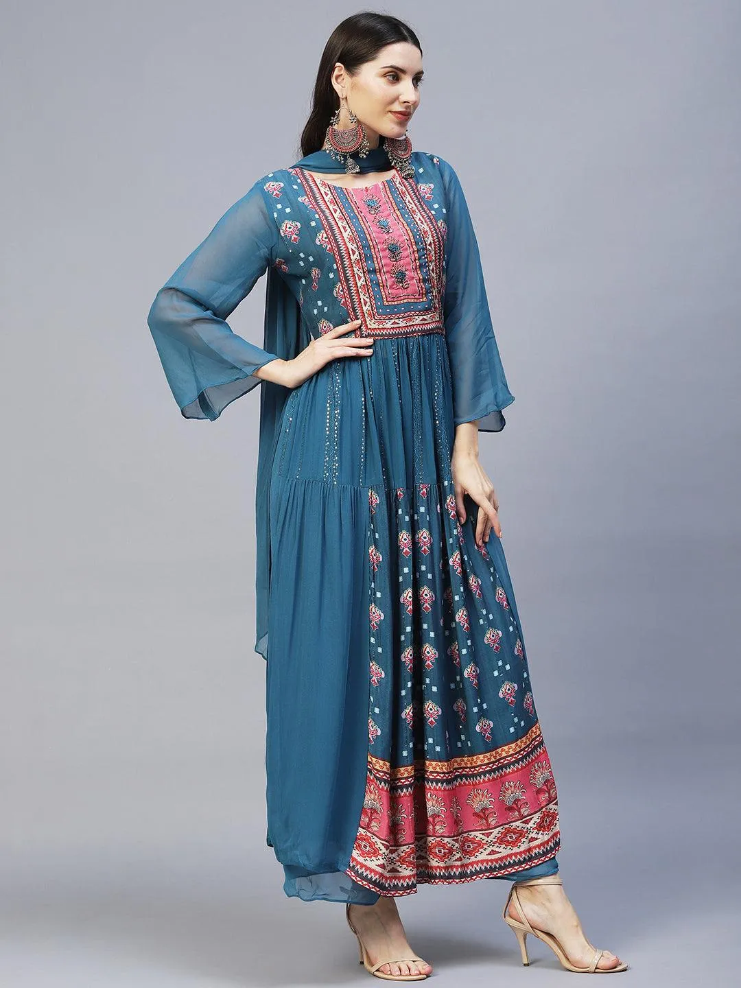 Ethnic Printed & Hand Embroidered Kurta with Palazzo & Dupatta - Blue