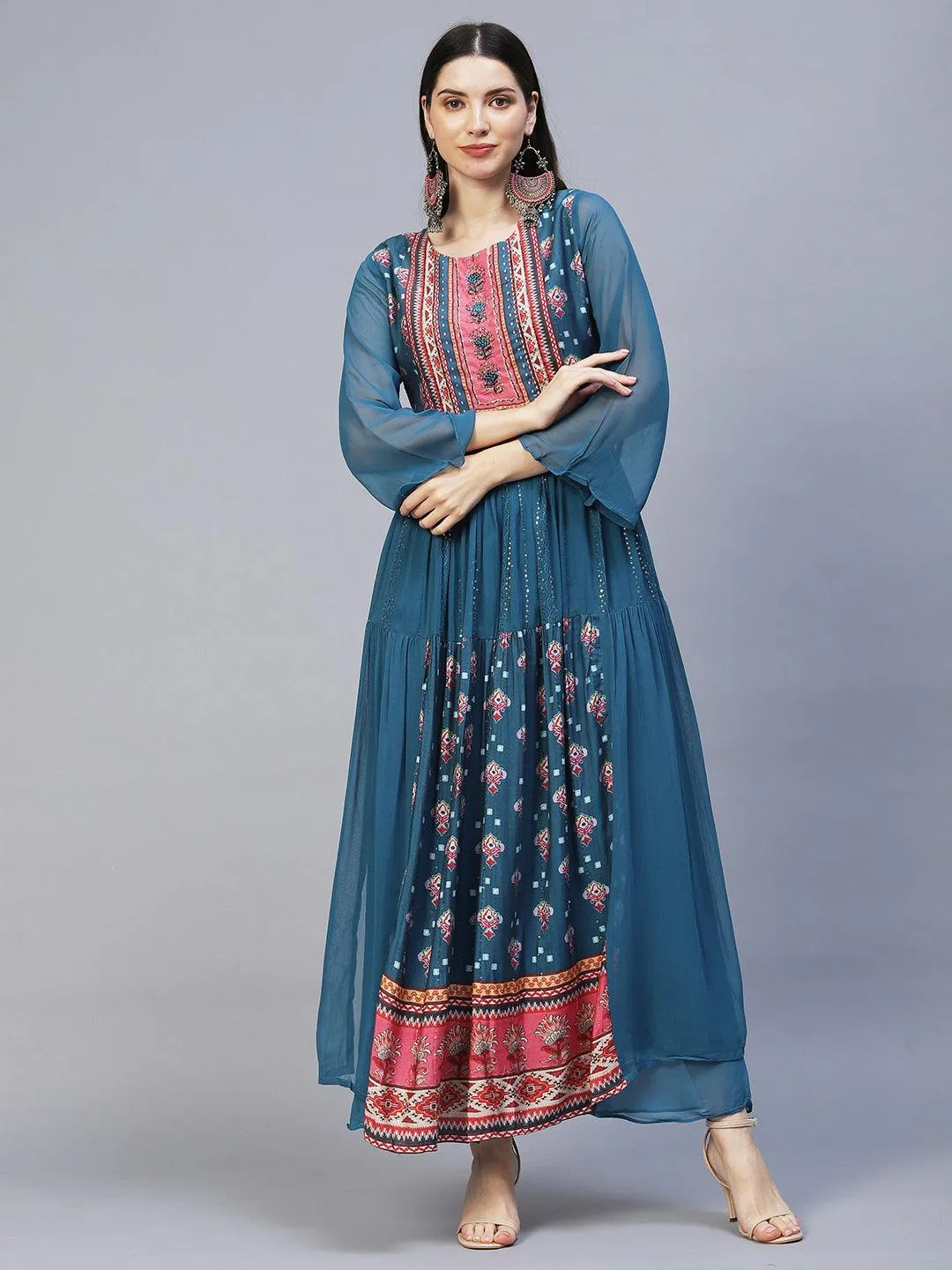 Ethnic Printed & Hand Embroidered Kurta with Palazzo & Dupatta - Blue