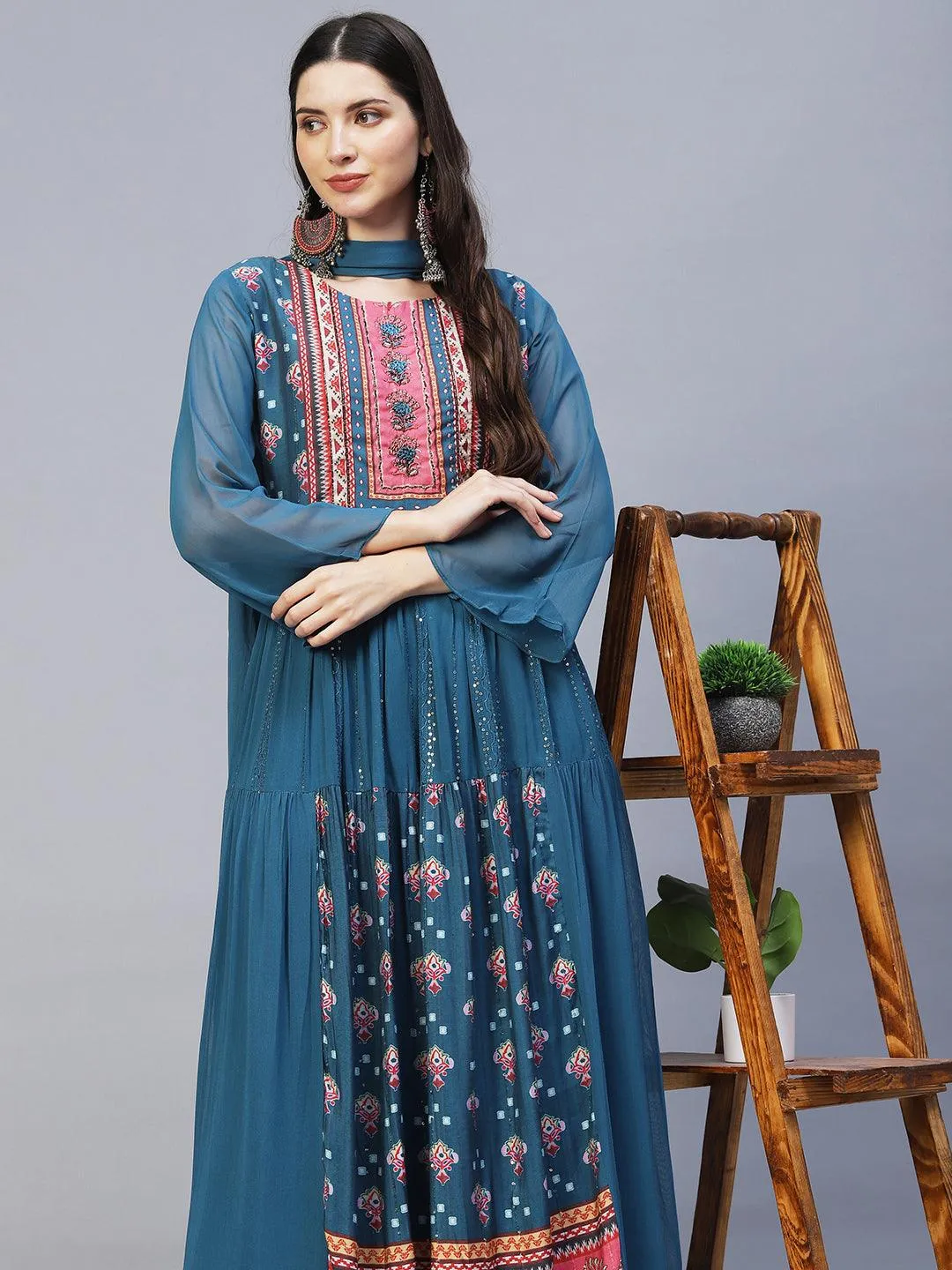 Ethnic Printed & Hand Embroidered Kurta with Palazzo & Dupatta - Blue