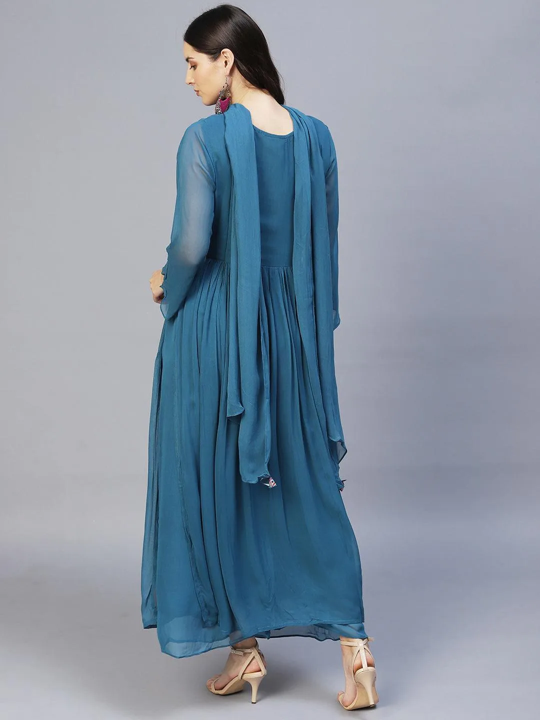 Ethnic Printed & Hand Embroidered Kurta with Palazzo & Dupatta - Blue