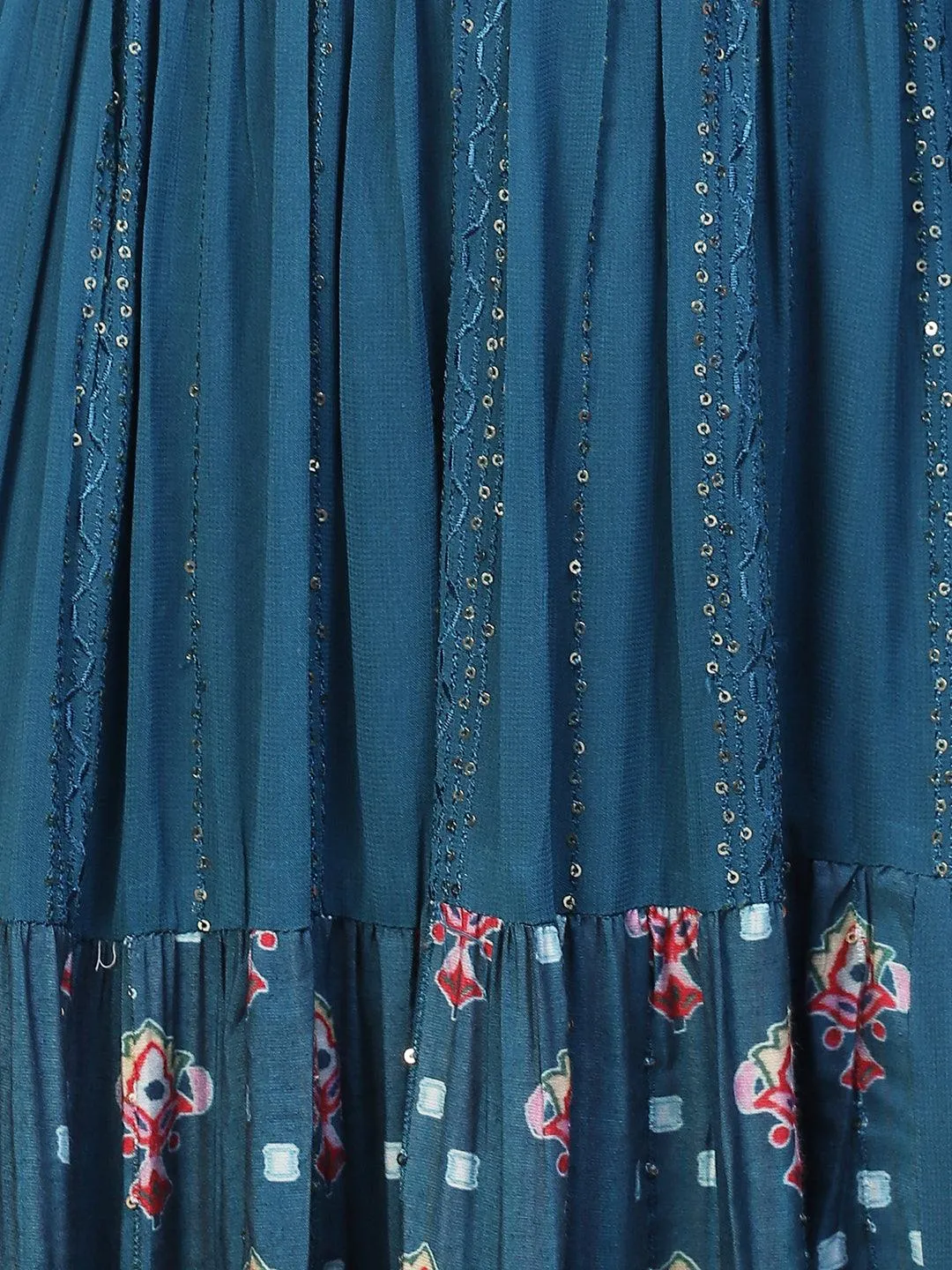 Ethnic Printed & Hand Embroidered Kurta with Palazzo & Dupatta - Blue
