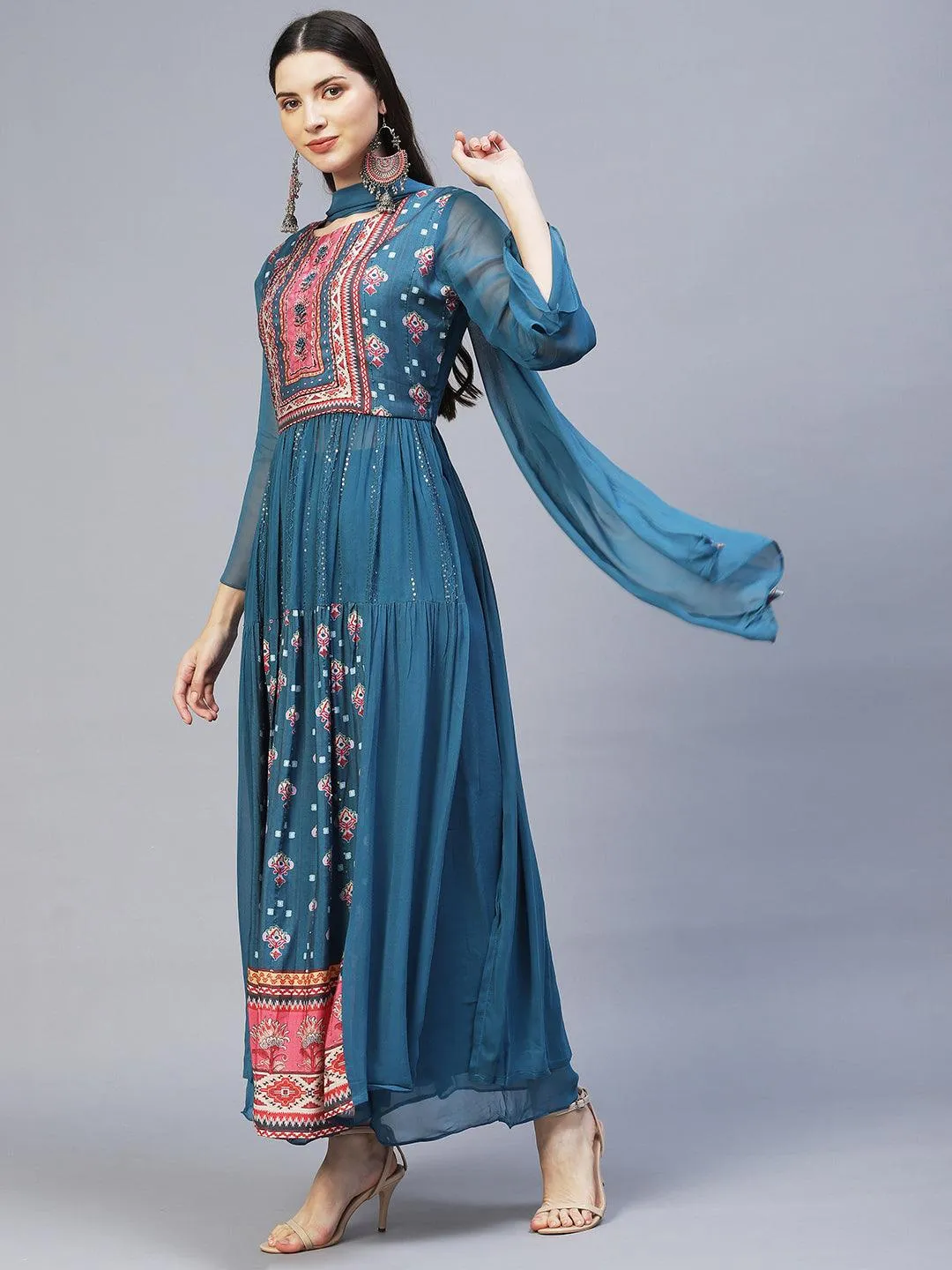 Ethnic Printed & Hand Embroidered Kurta with Palazzo & Dupatta - Blue