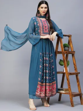 Ethnic Printed & Hand Embroidered Kurta with Palazzo & Dupatta - Blue