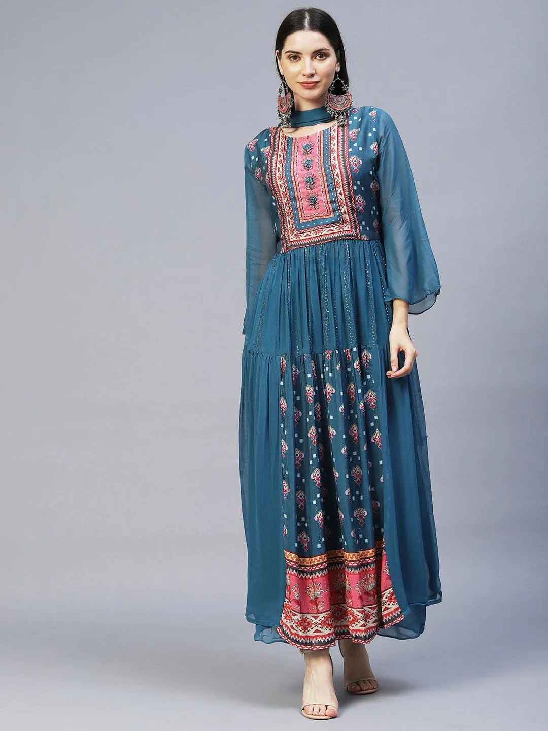 Ethnic Printed & Hand Embroidered Kurta with Palazzo & Dupatta - Blue