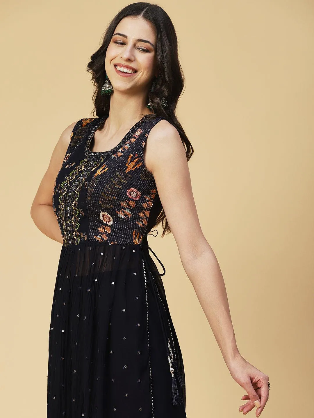 Ethnic Printed & Mirror Embroidered A-Line Kurta with Palazzo & Dupatta - Navy Blue