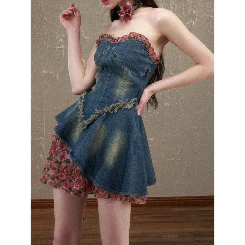 Fashionkova pop culture dress to impress 2024 Summer New French Sweet and Spicy Style Small Look Tall Temperament Slimming Stitching Denim Dress