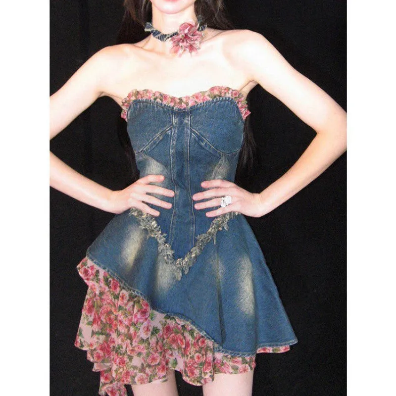 Fashionkova pop culture dress to impress 2024 Summer New French Sweet and Spicy Style Small Look Tall Temperament Slimming Stitching Denim Dress