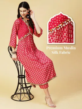 Floral & Bandhani Printed Embroidered A-Line Kurta with Pant - Fuchsia