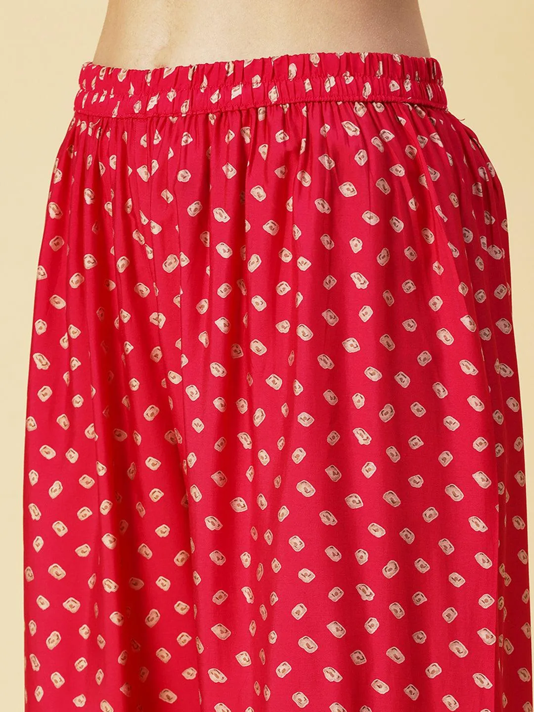Floral & Bandhani Printed Embroidered A-Line Kurta with Pant - Fuchsia