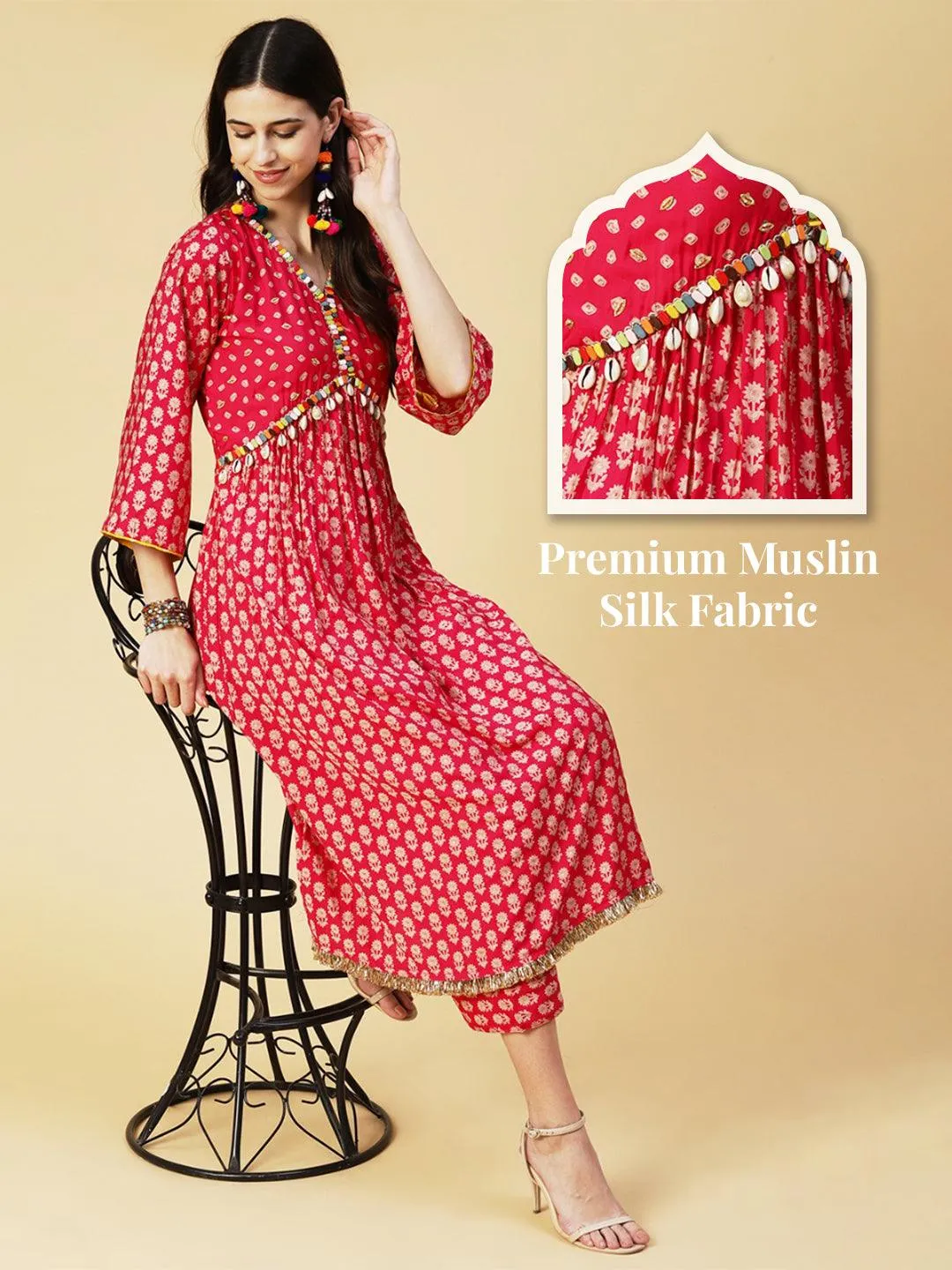 Floral & Bandhani Printed Embroidered A-Line Kurta with Pant - Fuchsia