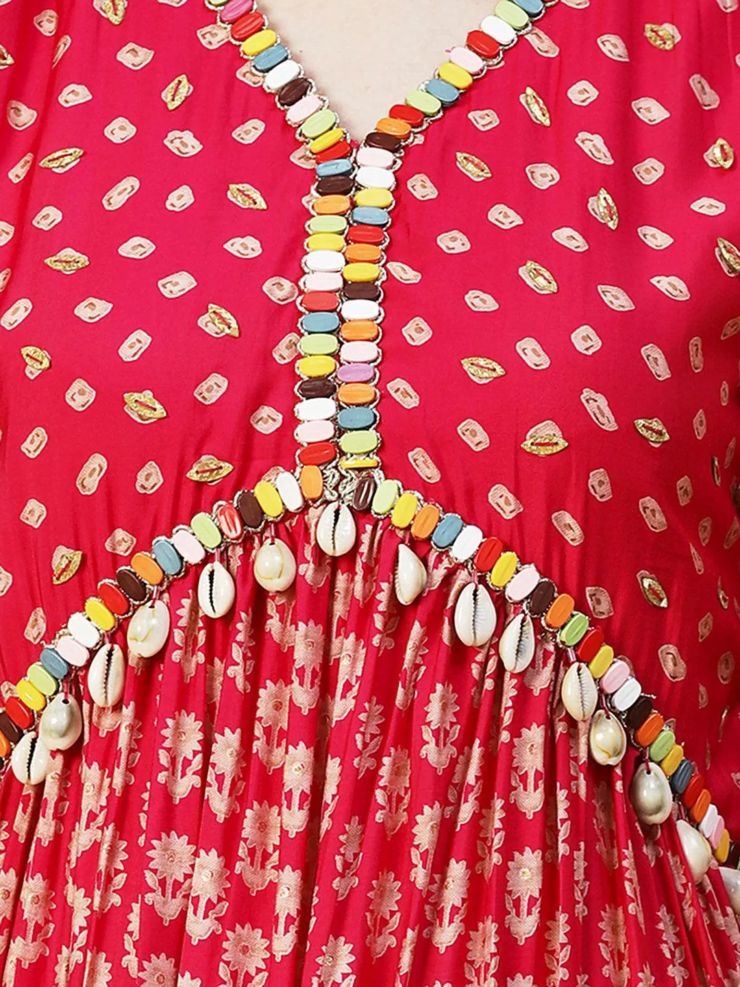 Floral & Bandhani Printed Embroidered A-Line Kurta with Pant - Fuchsia