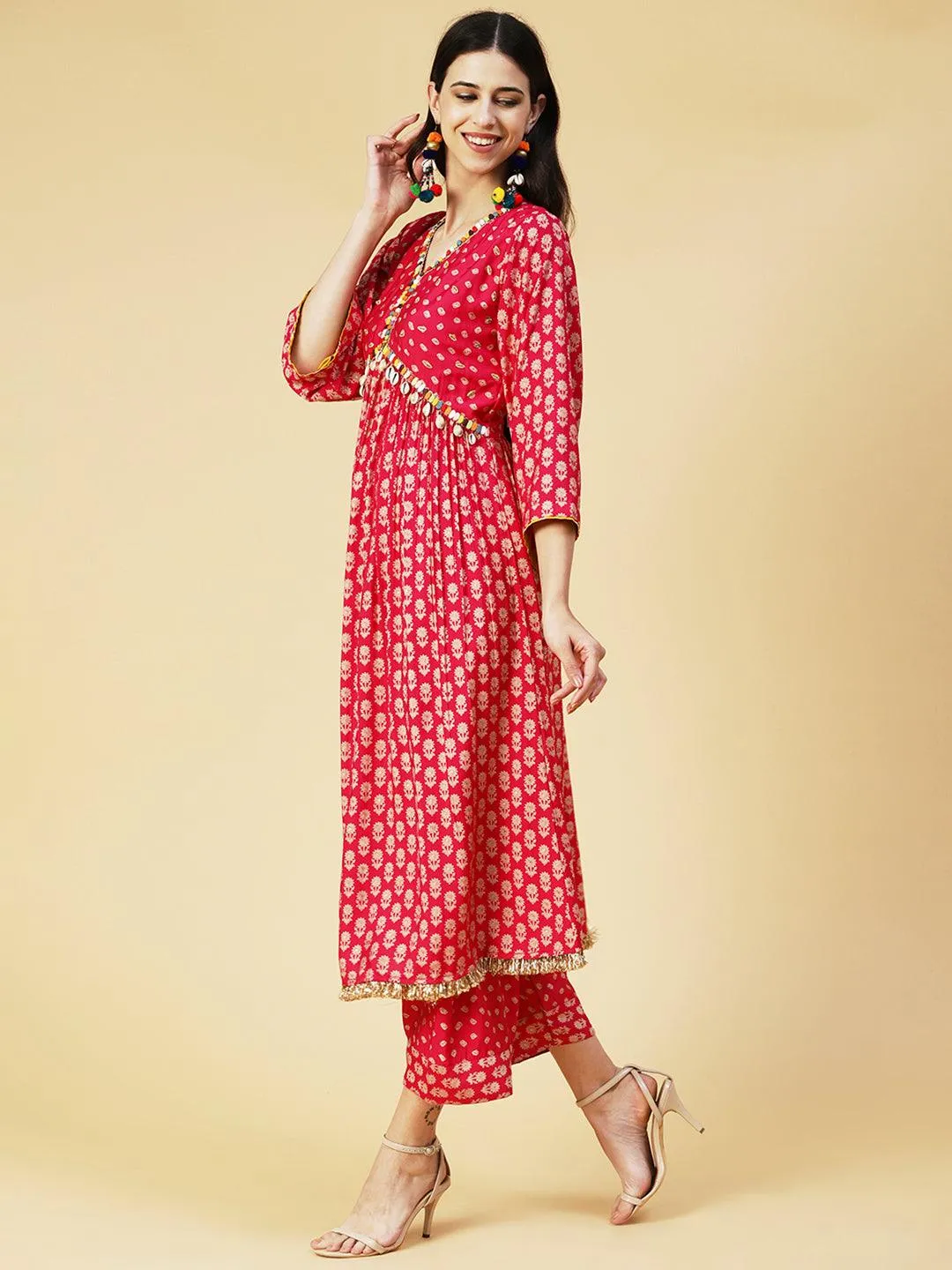 Floral & Bandhani Printed Embroidered A-Line Kurta with Pant - Fuchsia