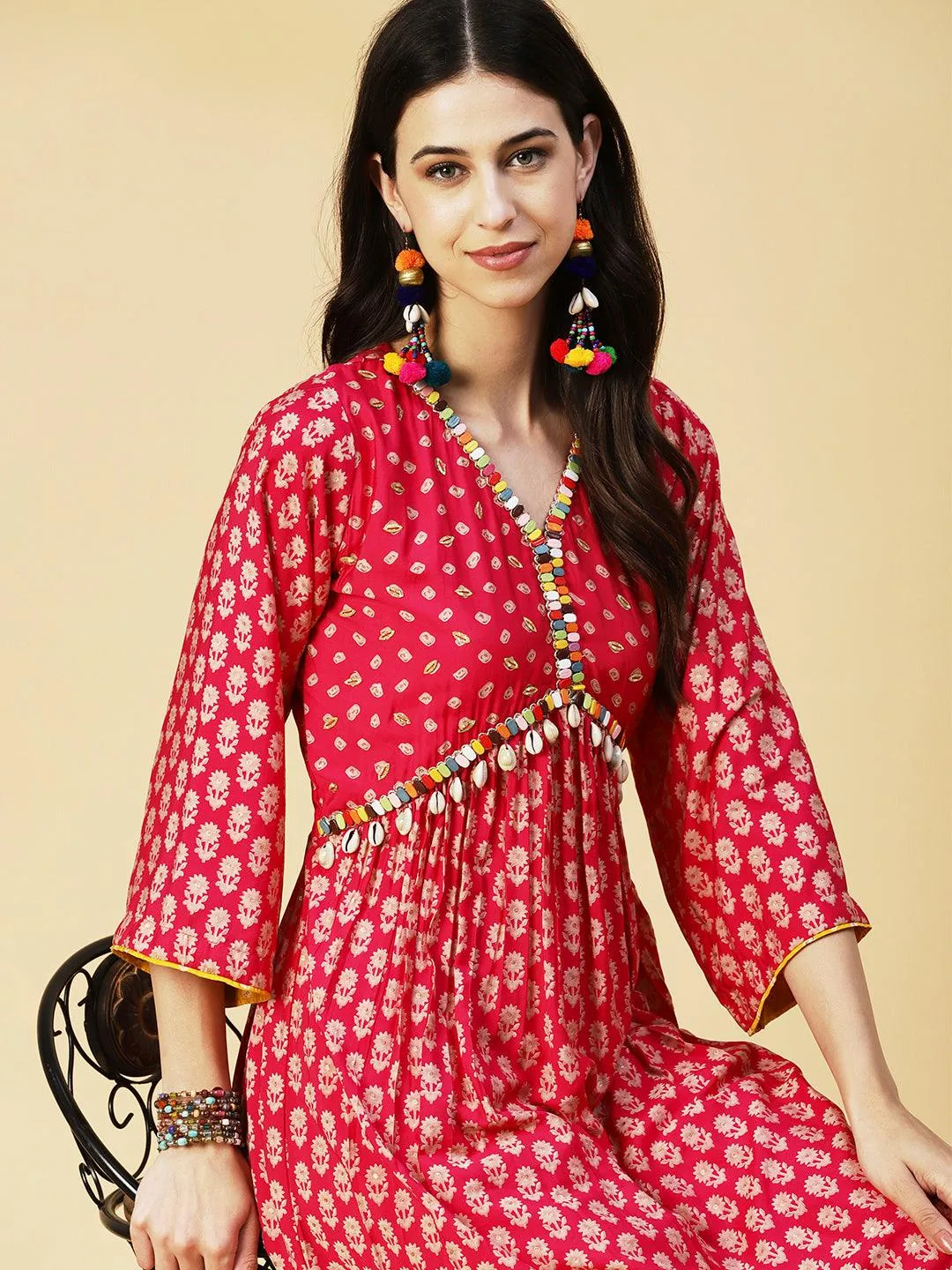 Floral & Bandhani Printed Embroidered A-Line Kurta with Pant - Fuchsia