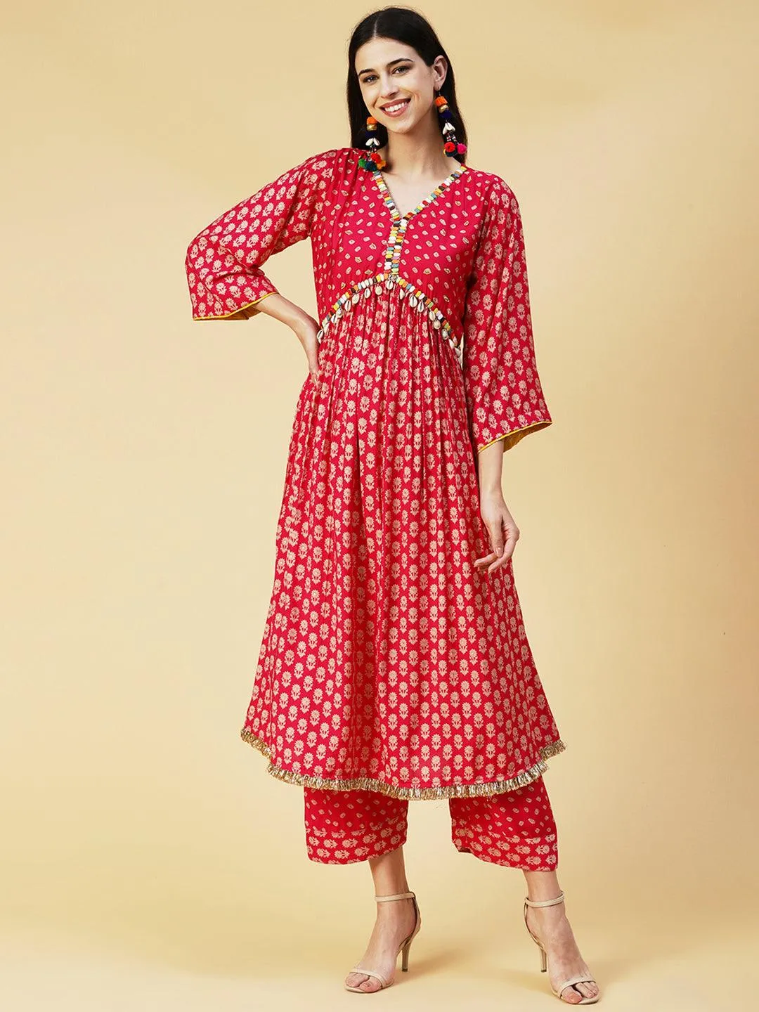 Floral & Bandhani Printed Embroidered A-Line Kurta with Pant - Fuchsia