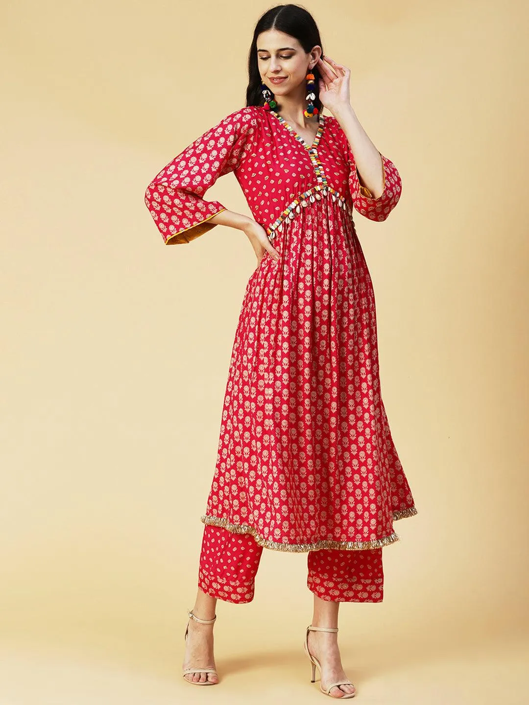 Floral & Bandhani Printed Embroidered A-Line Kurta with Pant - Fuchsia