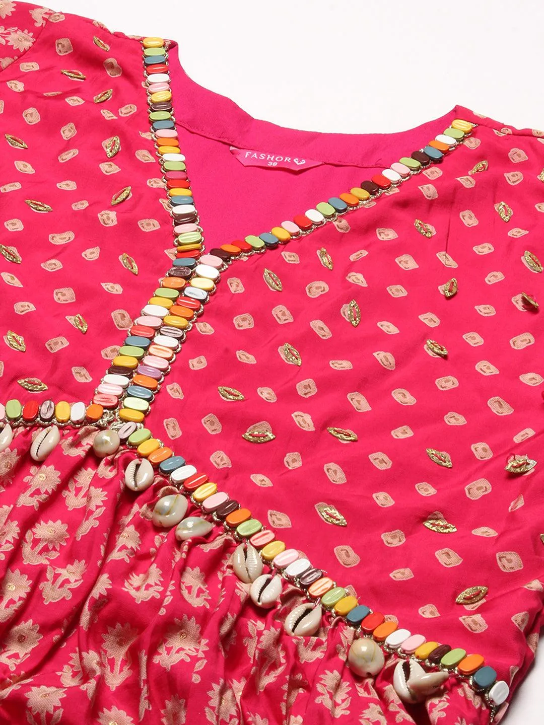 Floral & Bandhani Printed Embroidered A-Line Kurta with Pant - Fuchsia
