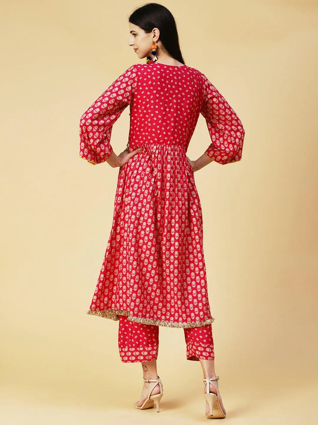 Floral & Bandhani Printed Embroidered A-Line Kurta with Pant - Fuchsia
