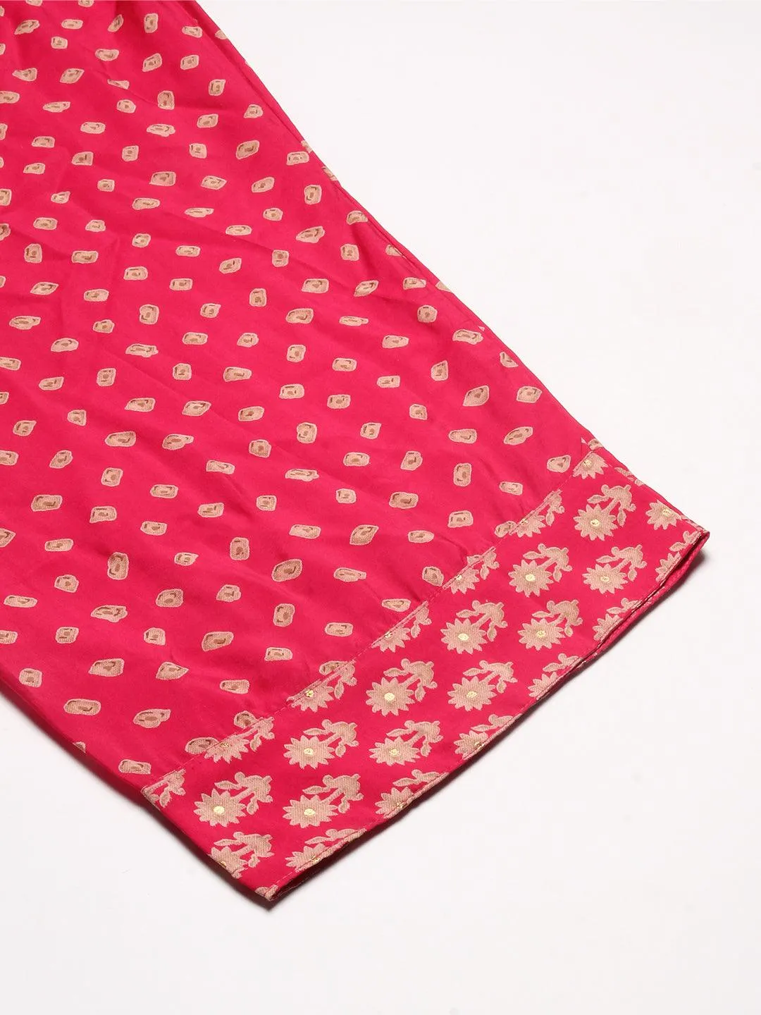 Floral & Bandhani Printed Embroidered A-Line Kurta with Pant - Fuchsia