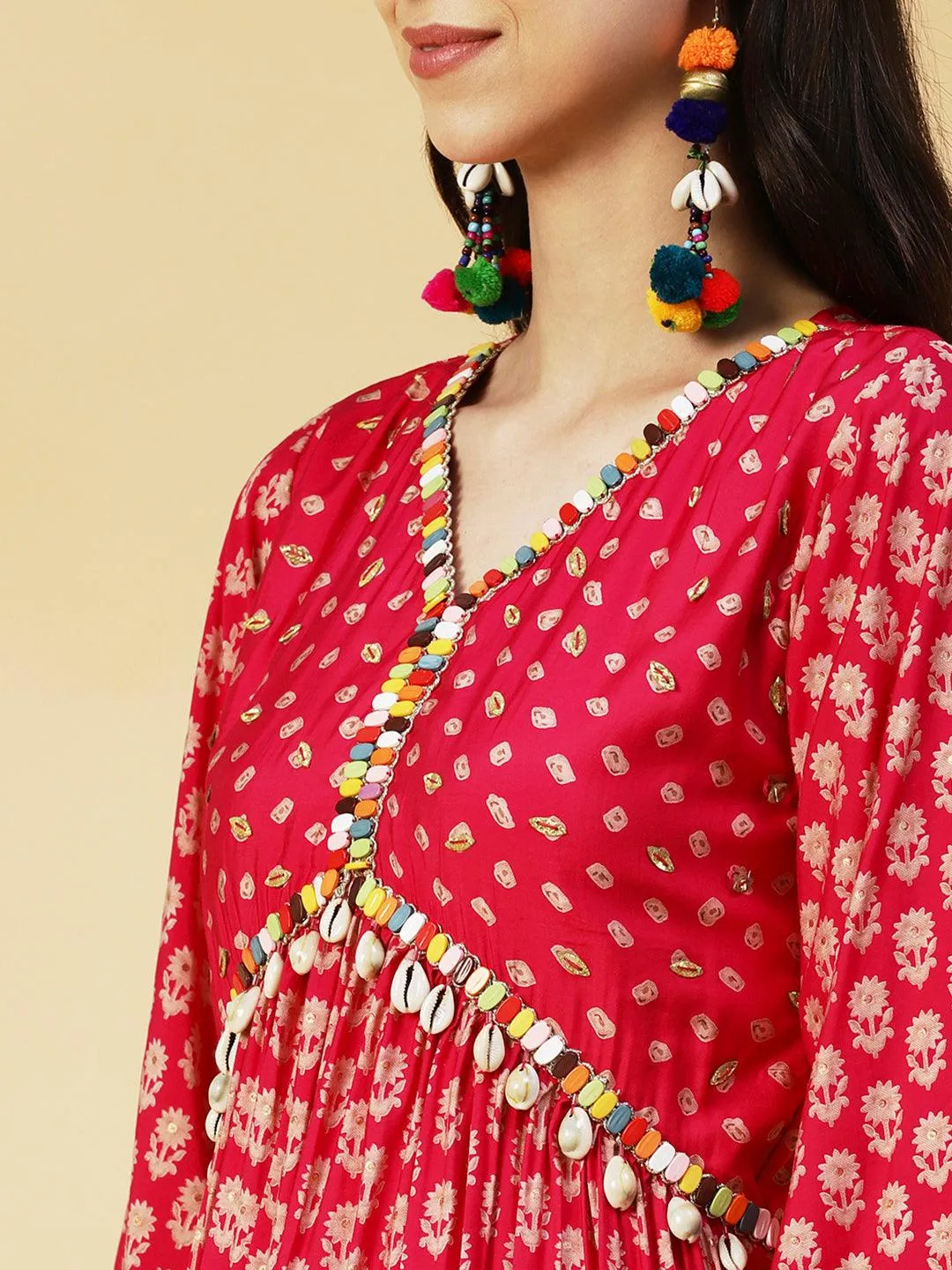 Floral & Bandhani Printed Embroidered A-Line Kurta with Pant - Fuchsia