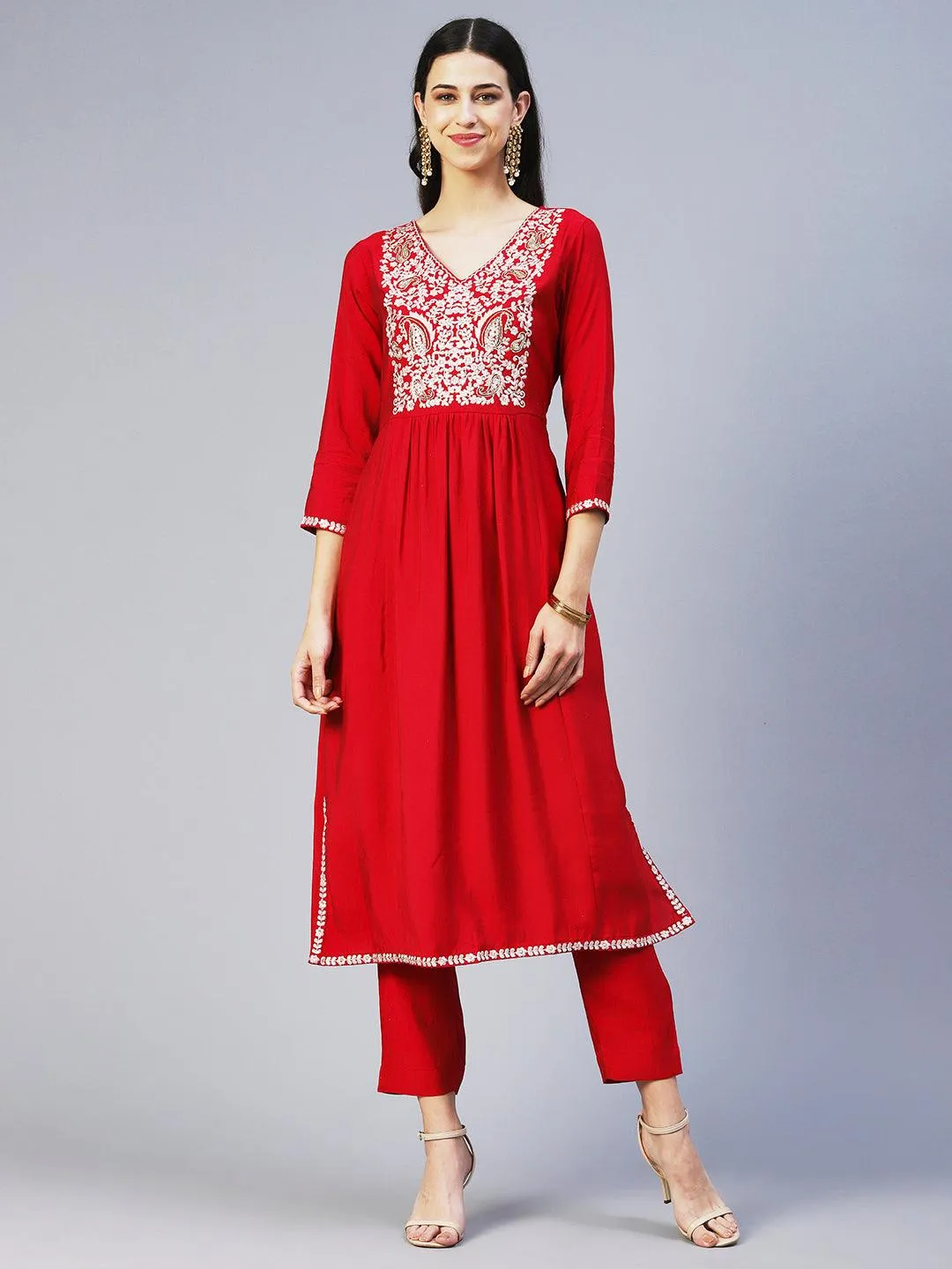 Floral Embroidered A-Line Kurta with Pant & Dupatta - Fuchsia