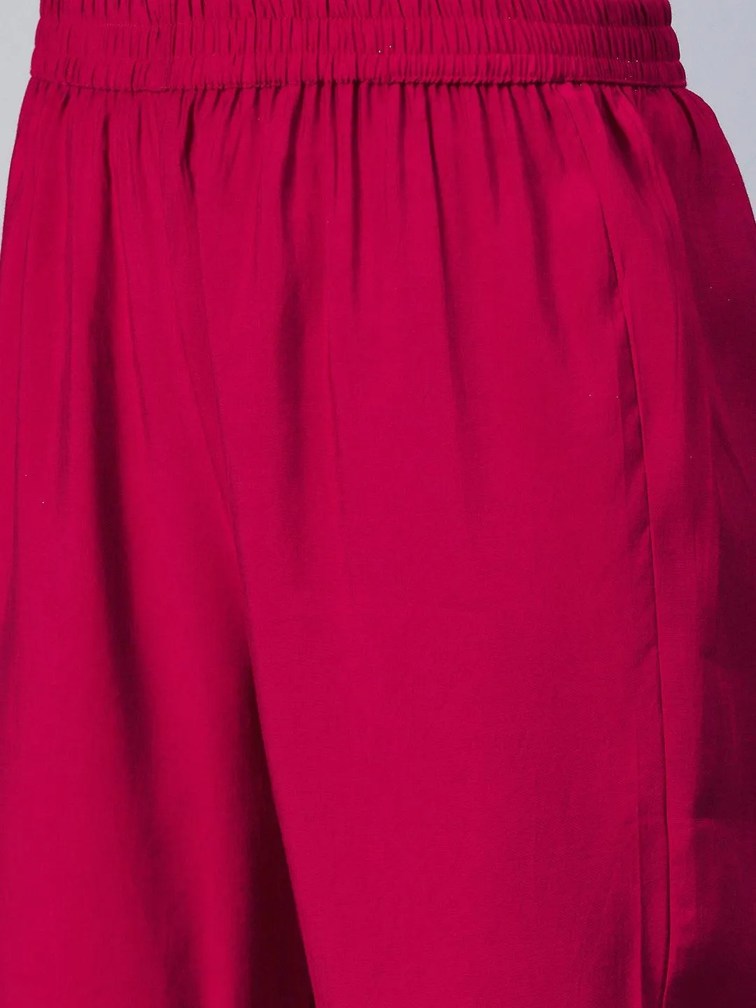 Floral Embroidered A-Line Kurta with Pant & Dupatta - Fuchsia